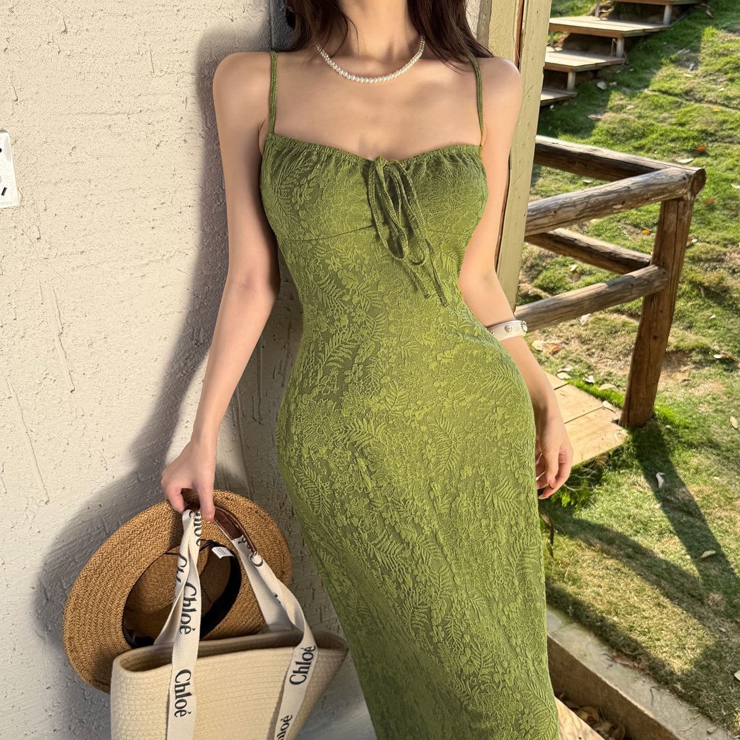 프랑스식 부드러운 바람 녹색 여름 슬립 롱 스커트 허리 수축 슬림해 보이는 품격 휴가 자카드 드레스 이미지 4