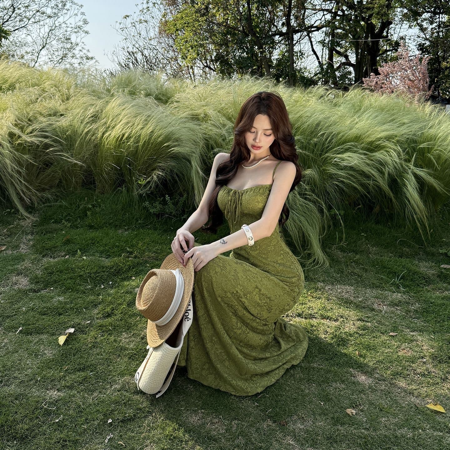 프랑스식 부드러운 바람 녹색 여름 슬립 롱 스커트 허리 수축 슬림해 보이는 품격 휴가 자카드 드레스 이미지 3