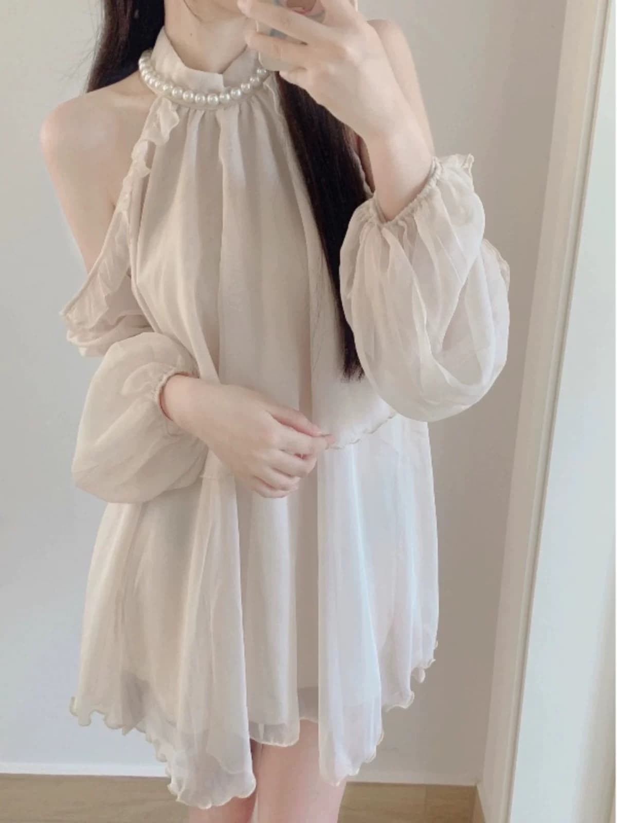 프랑스식 살구 색상 진주 행침 목 오프숄더 순수한 욕망 여성 드레스 2025 여름 섹시함 달콤함 긴팔 쉬폰 드레스 이미지 3