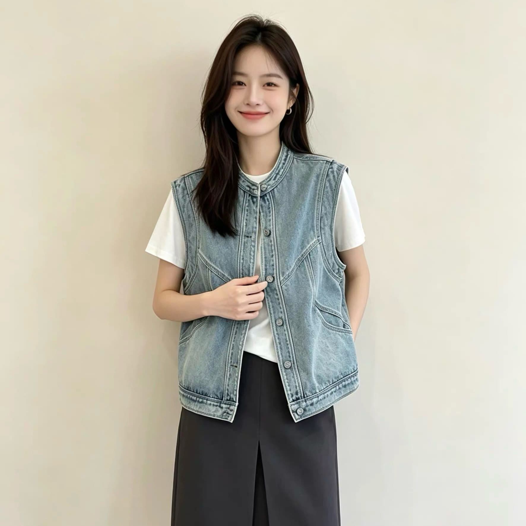 슈퍼 잘 생긴 패션 데님 조끼 여자 세련된 외국 가스 2026 봄 새로운 다용도 어깨 조끼 자켓 맨위 이미지 5