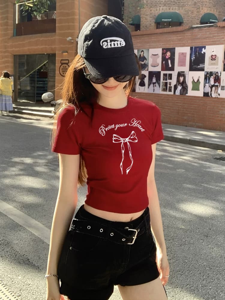 회색 라운드 넥 긍정적 인 어깨 쇼트 스타일 슬림해 보이는 반팔 티셔츠 여성 여름 폭발 작은 대중 나비 매듭 디자인 다용도 맨위 상세 이미지 7