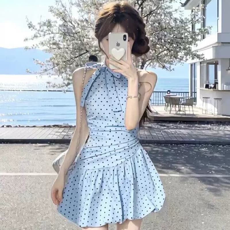원본 것 있음 네리 프랑스식 파란색 도트 무늬 행침 목 레이스업 여성 드레스 허리 수축 슬림해 보이는 품격 꽃밭 치마 이미지 5
