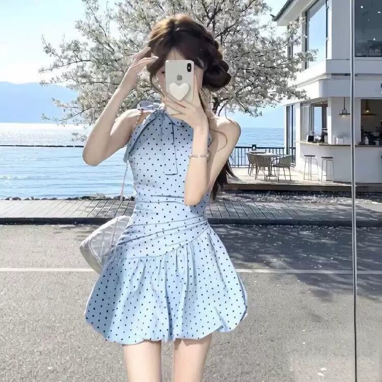 원본 것 있음 네리 프랑스식 파란색 도트 무늬 행침 목 레이스업 여성 드레스 허리 수축 슬림해 보이는 품격 꽃밭 치마 상세 이미지 5