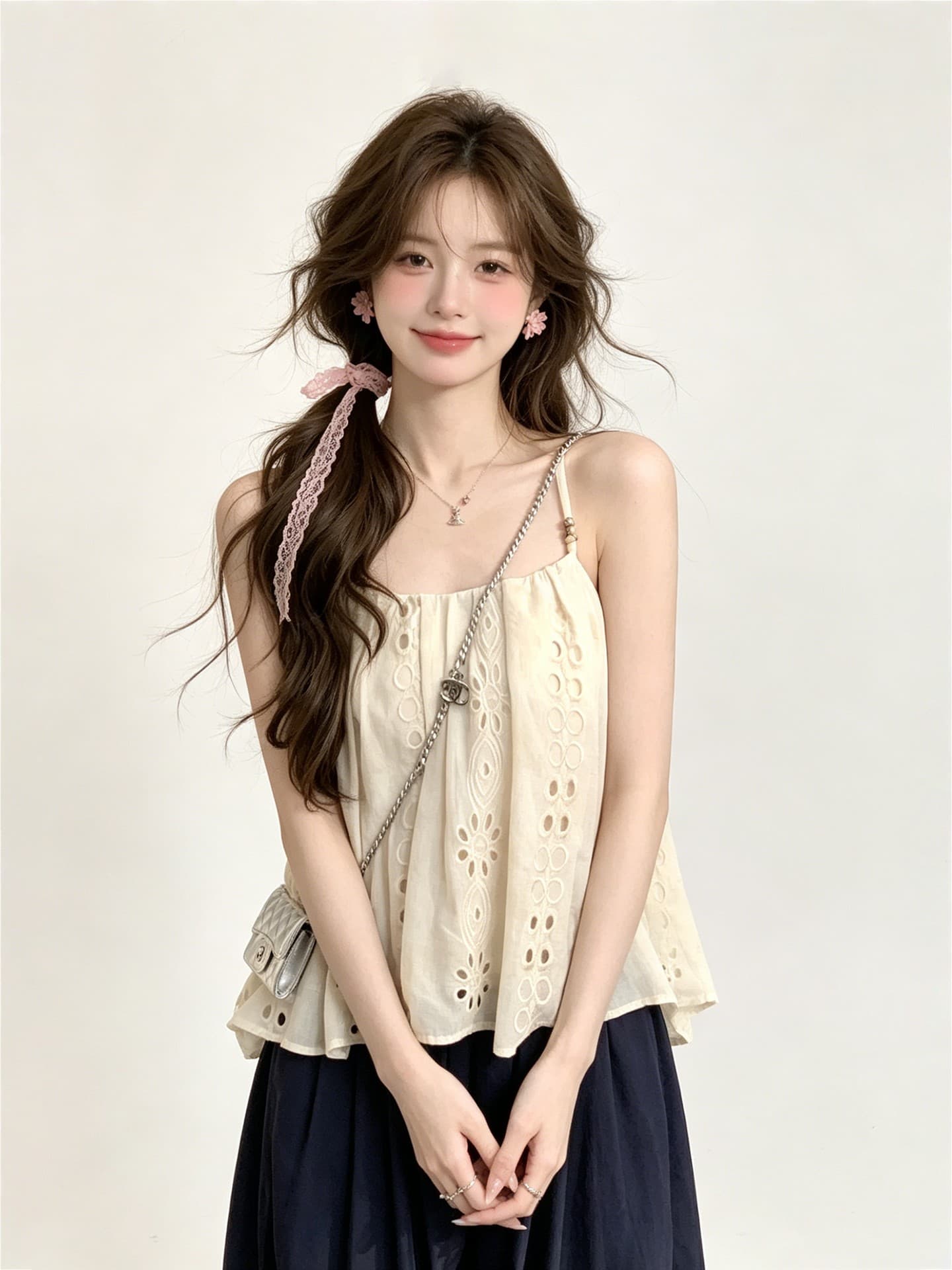 원본 원단 솜씨 휴가 바람 세트 여성 여름 품격 홀로우 아웃 자수 비즈 캐미솔 상세 이미지 1