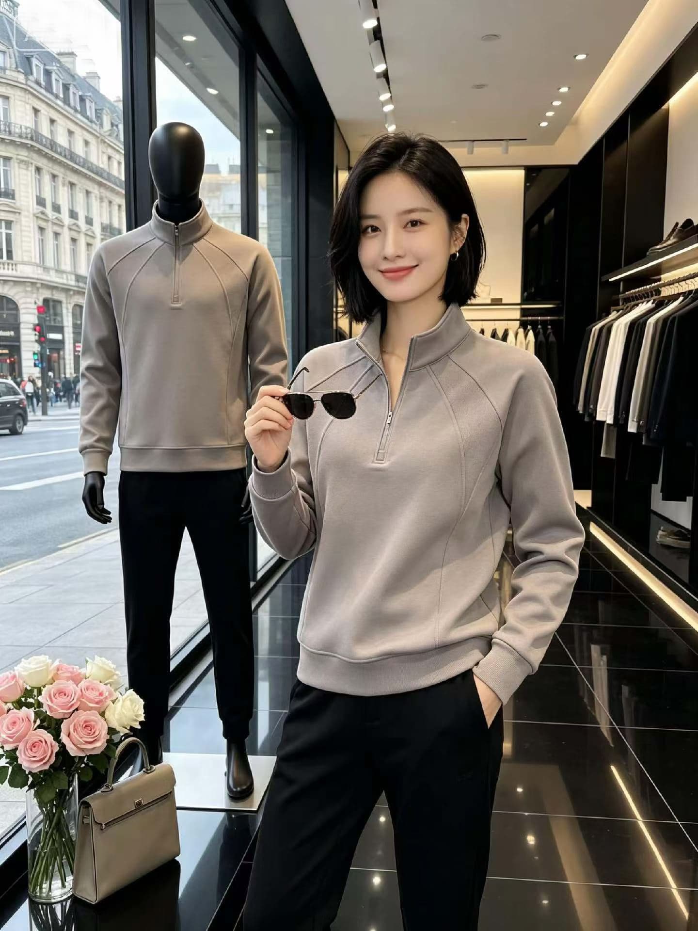 양모 일본식 따뜻한 플러시 스탠드 칼라 하프 지퍼 후드티 풀오버 긴팔 캐주얼 남녀 가을 겨울철 이미지 2