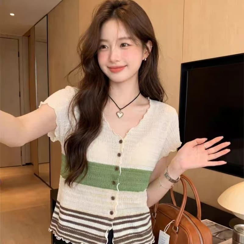 얼음 차가운 실크 한 부서 품격 핫걸 배색 반팔 니트 스웨터 여성 여름 캐주얼 다용도 프릴 맨위 이미지 5