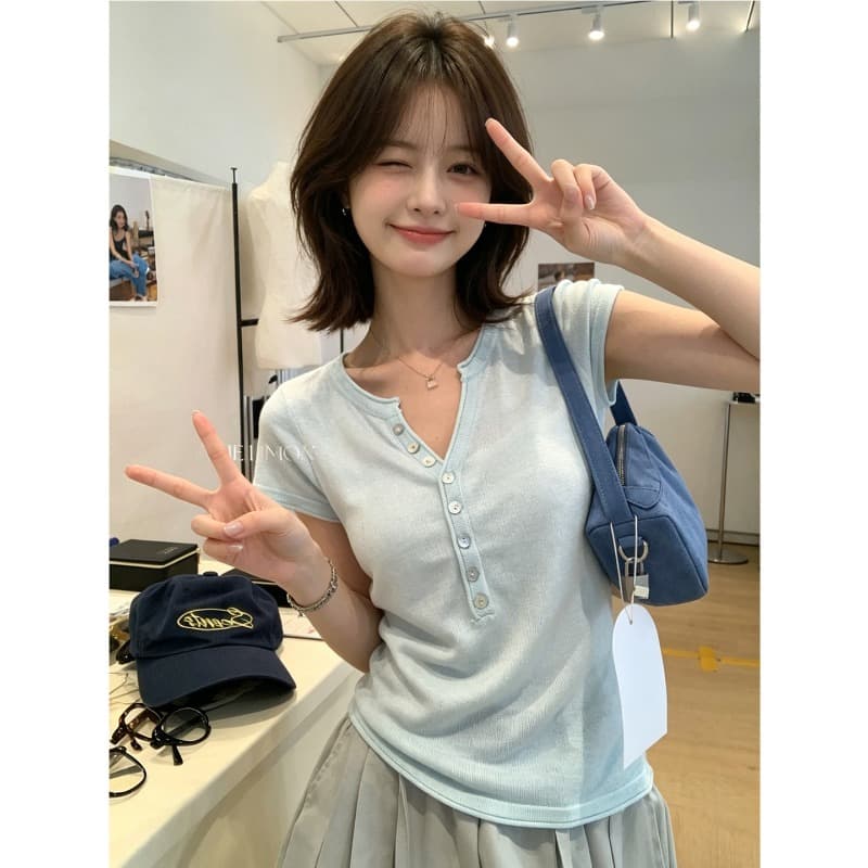 6 양모 살구 색상 긍정적 인 어깨 얼음 실크 니트 반팔 티셔츠 여성 여름 2026 새로운 몸매 가꾸기 슬림해 보이는 미니멀리즘 맨위 이미지 5