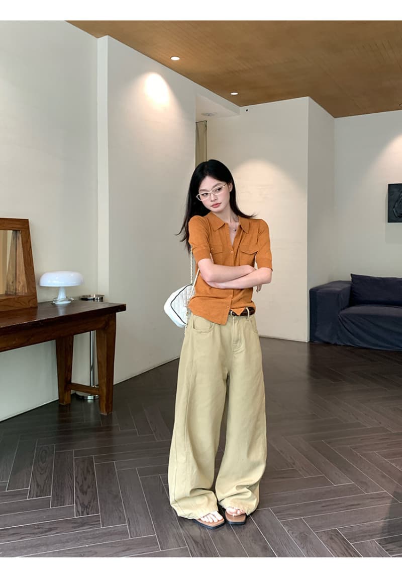 주간 차가운 아마 워시 물 항구 바람 주머니 싱글 줄 버튼 폴로 칼라 중간 소매 니트 스웨터 여름 고급 센스 맨위 여성 상세 이미지 11