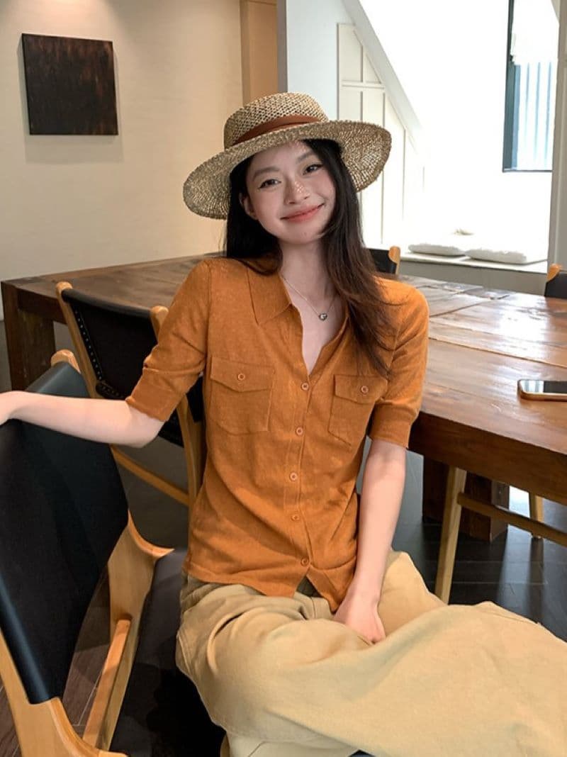 주간 차가운 아마 워시 물 항구 바람 주머니 싱글 줄 버튼 폴로 칼라 중간 소매 니트 스웨터 여름 고급 센스 맨위 여성 상세 이미지 20