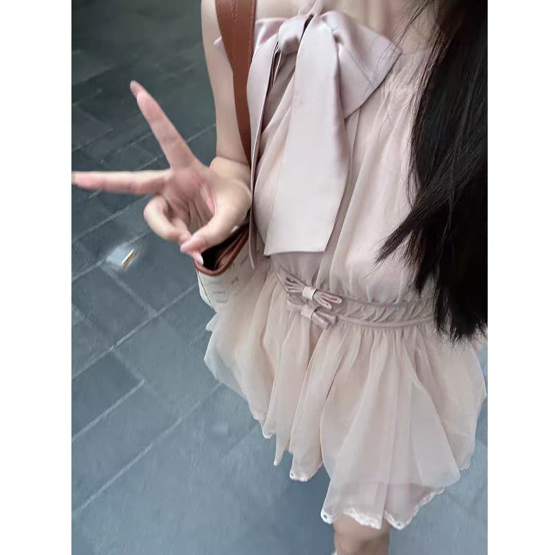 마이크로 알몸의 핑크색 행침 목 나비 매듭 불규칙 밑단 드레스 부드러운 바람 민소매 품격 명문 여성 망사 이미지 6