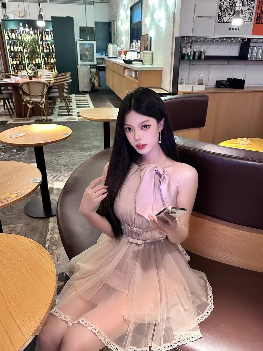 마이크로 알몸의 핑크색 행침 목 나비 매듭 불규칙 밑단 드레스 부드러운 바람 민소매 품격 명문 여성 망사 상세 이미지 2
