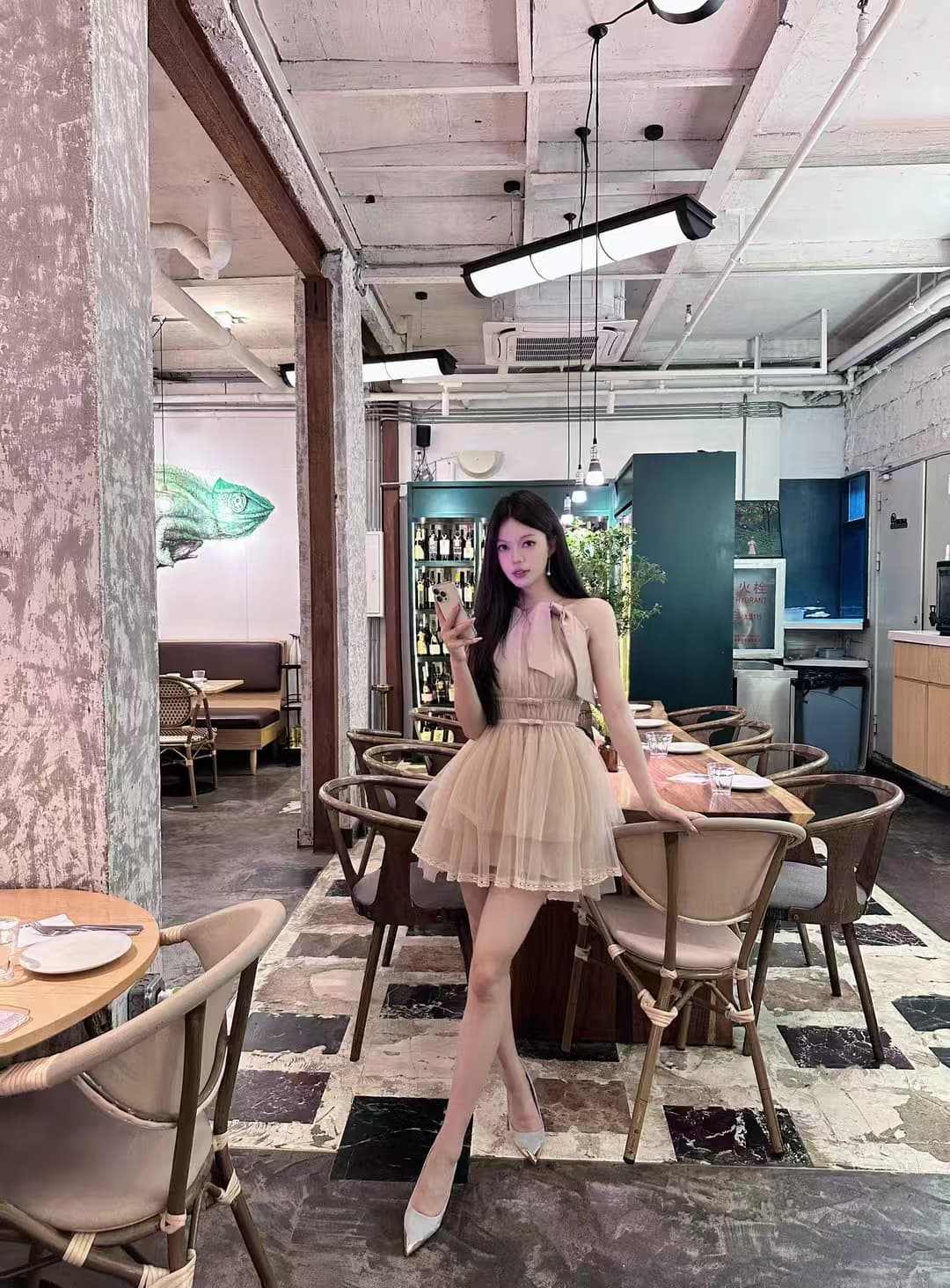 마이크로 알몸의 핑크색 행침 목 나비 매듭 불규칙 밑단 드레스 부드러운 바람 민소매 품격 명문 여성 망사 상세 이미지 5