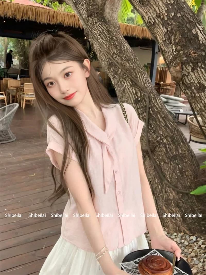 핑크색 V넥 반팔 여성 셔츠 2026 여름 새로운 디자인 센스 프랑스식 리본 셔츠 Chic 캐주얼 맨위 상세 이미지 4