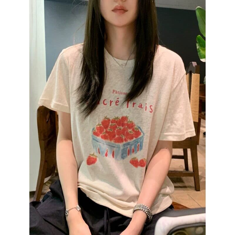 자연 눈꽃 면 신선함 딸기 프린트 반팔 티셔츠 와 성별 마이크로 ~을 통해 루즈핏 느긋한 화이트 맨위