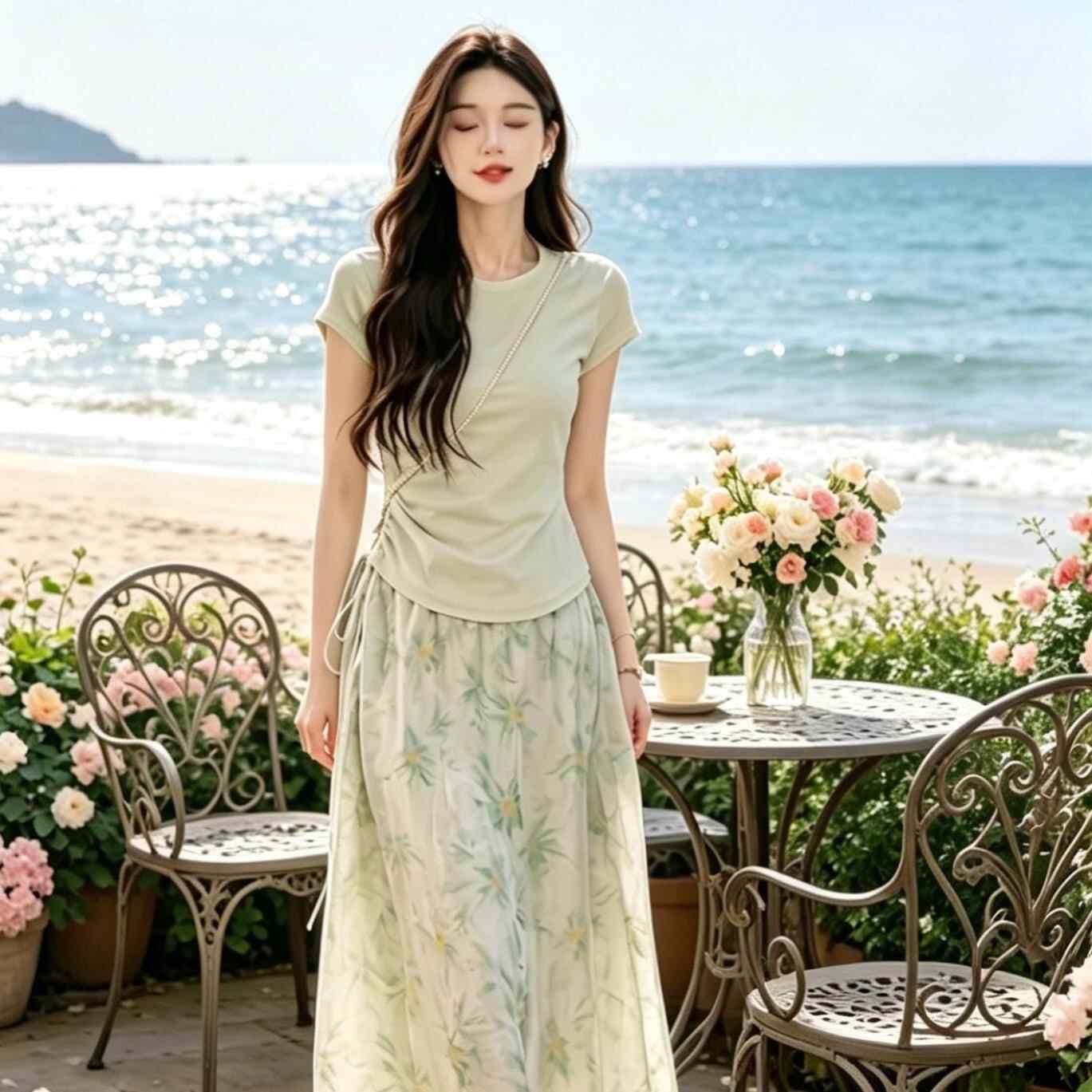 녹색 딜 양치질 옷 2026 년 여름 새로운 프랑스식 휴가 바람 펌프 로프 허리 수축 패션 세트