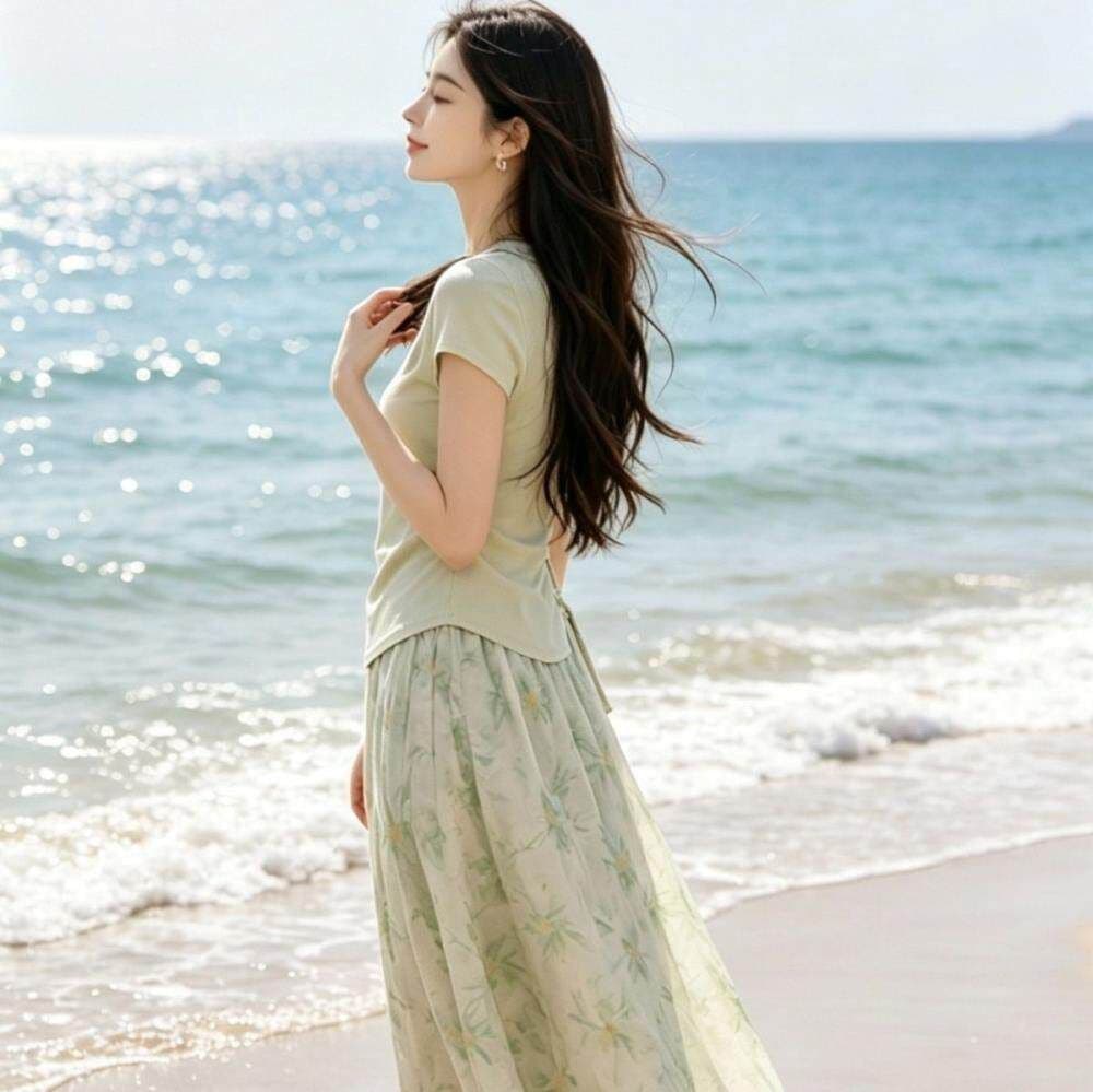 녹색 딜 양치질 옷 2026 년 여름 새로운 프랑스식 휴가 바람 펌프 로프 허리 수축 패션 세트 상세 이미지 3