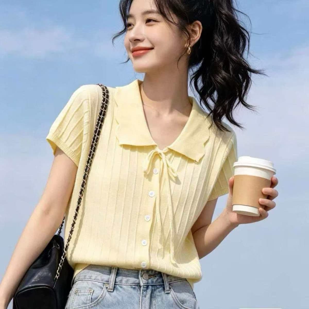 빅 사이즈 지방 mm 부드러운 바람 레이스업 레이스 폴로 칼라 얼음 실크 티셔츠 여름 슬림해 보이는 표지 배 싱글 줄 버튼 니트 맨위 상세 이미지 3