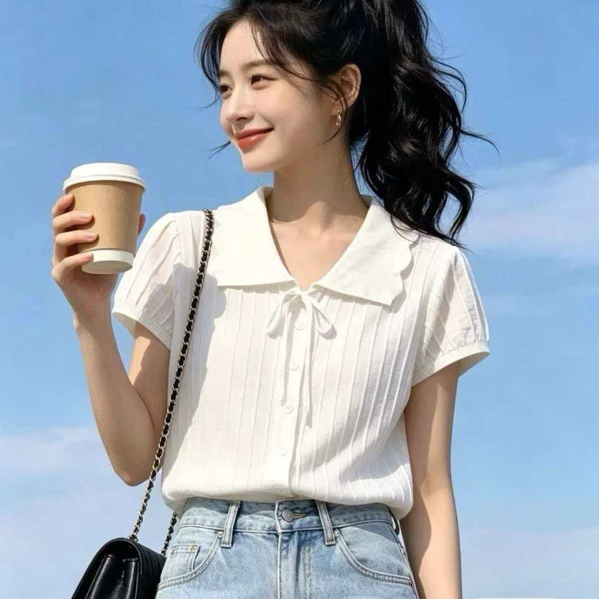 빅 사이즈 지방 mm 부드러운 바람 레이스업 레이스 폴로 칼라 얼음 실크 티셔츠 여름 슬림해 보이는 표지 배 싱글 줄 버튼 니트 맨위 상세 이미지 4