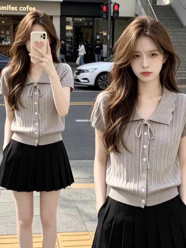 빅 사이즈 지방 mm 부드러운 바람 레이스업 레이스 폴로 칼라 얼음 실크 티셔츠 여름 슬림해 보이는 표지 배 싱글 줄 버튼 니트 맨위 상세 이미지 5
