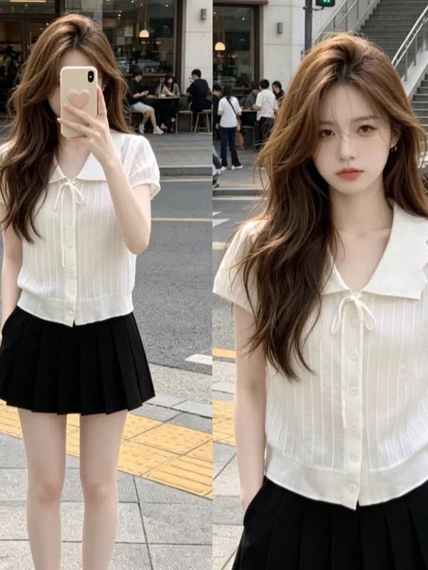 빅 사이즈 지방 mm 부드러운 바람 레이스업 레이스 폴로 칼라 얼음 실크 티셔츠 여름 슬림해 보이는 표지 배 싱글 줄 버튼 니트 맨위 상세 이미지 6