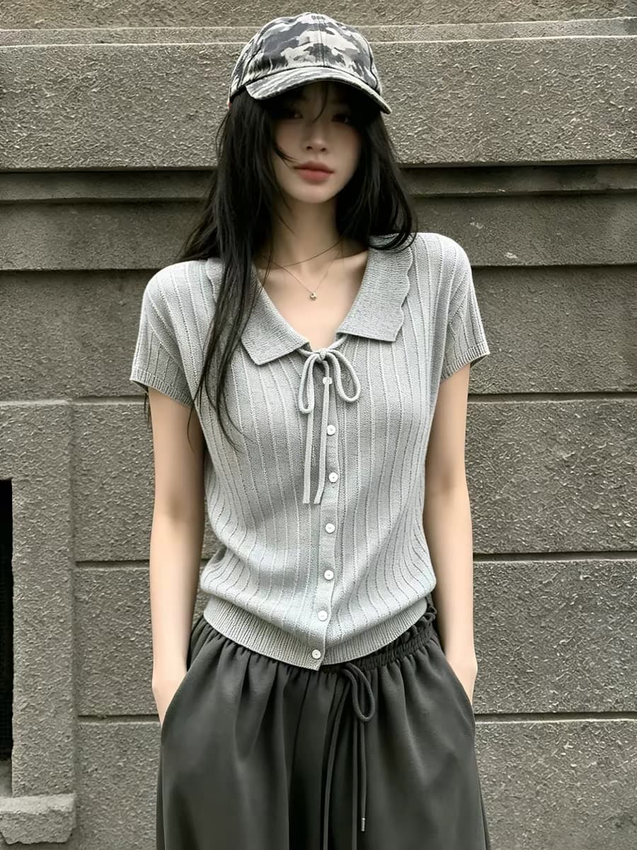 빅 사이즈 지방 mm 부드러운 바람 레이스업 레이스 폴로 칼라 얼음 실크 티셔츠 여름 슬림해 보이는 표지 배 싱글 줄 버튼 니트 맨위 상세 이미지 7