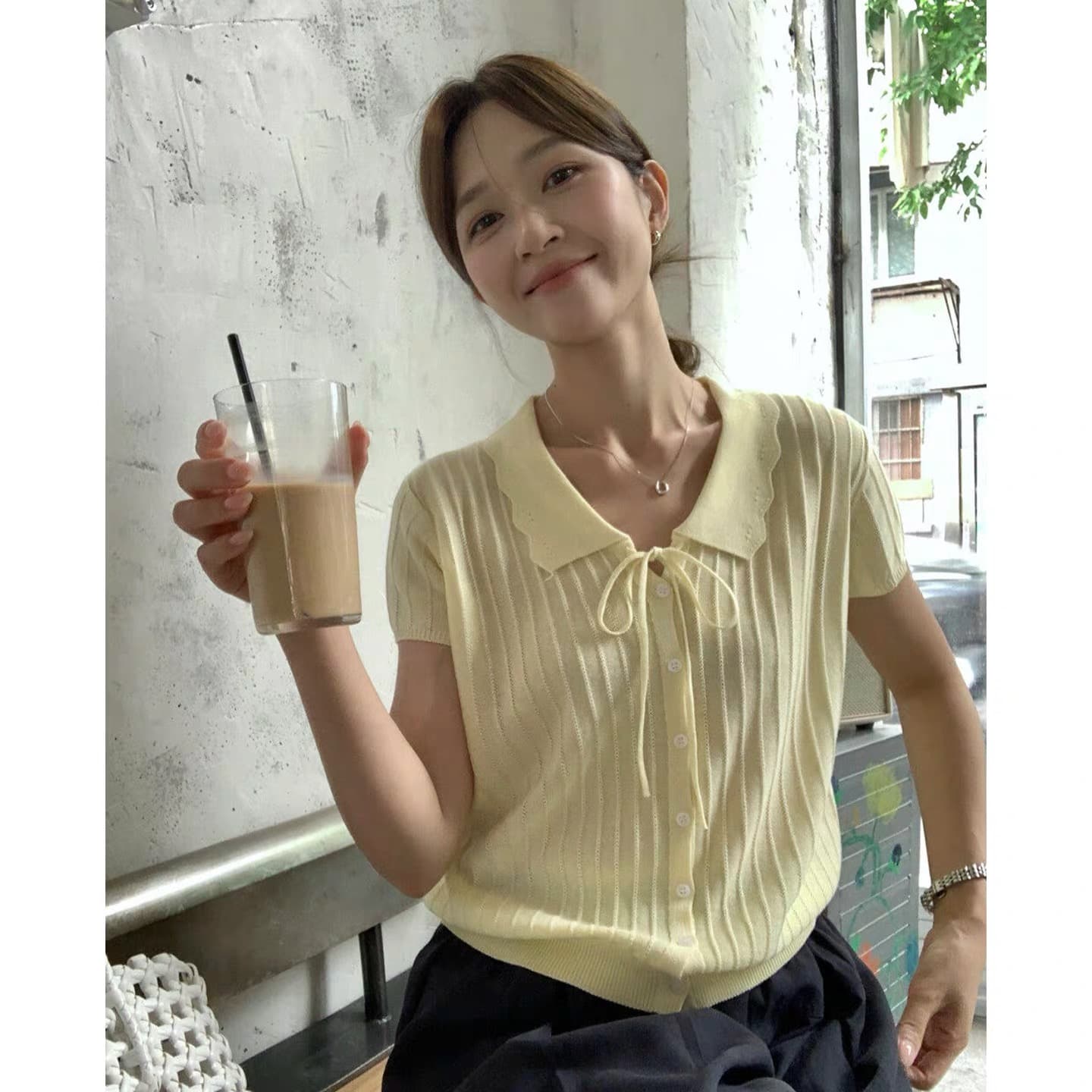 빅 사이즈 지방 mm 부드러운 바람 레이스업 레이스 폴로 칼라 얼음 실크 티셔츠 여름 슬림해 보이는 표지 배 싱글 줄 버튼 니트 맨위 상세 이미지 9