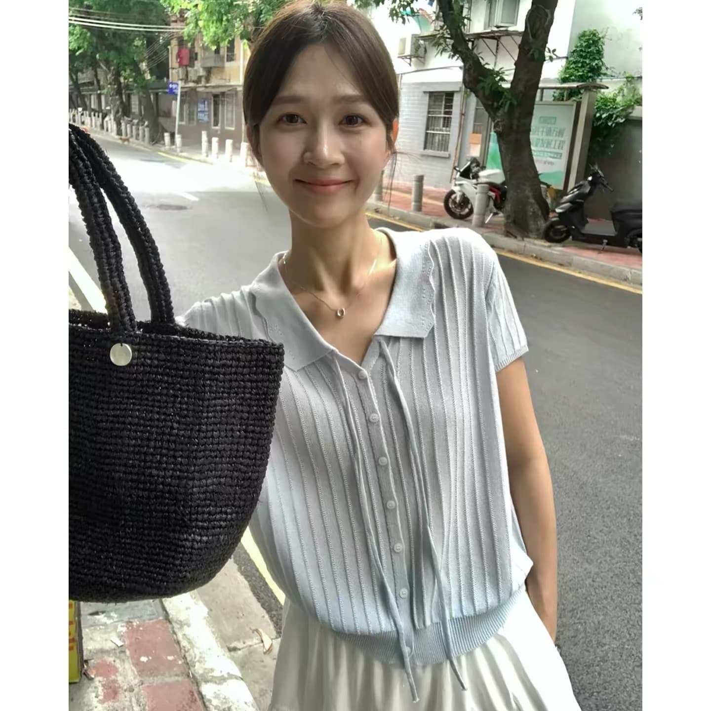 빅 사이즈 지방 mm 부드러운 바람 레이스업 레이스 폴로 칼라 얼음 실크 티셔츠 여름 슬림해 보이는 표지 배 싱글 줄 버튼 니트 맨위 상세 이미지 11