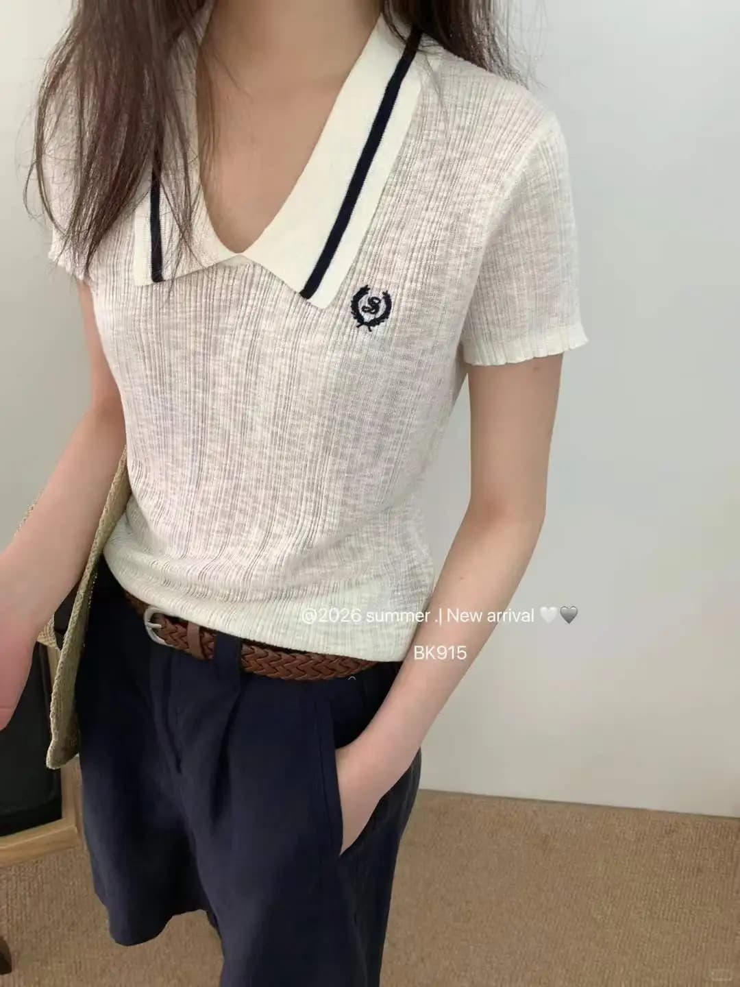 얼음 차가운 실크 워시 물 여름 학원 스타일 자수 반팔 polo 뒤집다 니트 스웨터 여성 레저 핫걸 맨위 상세 이미지 1