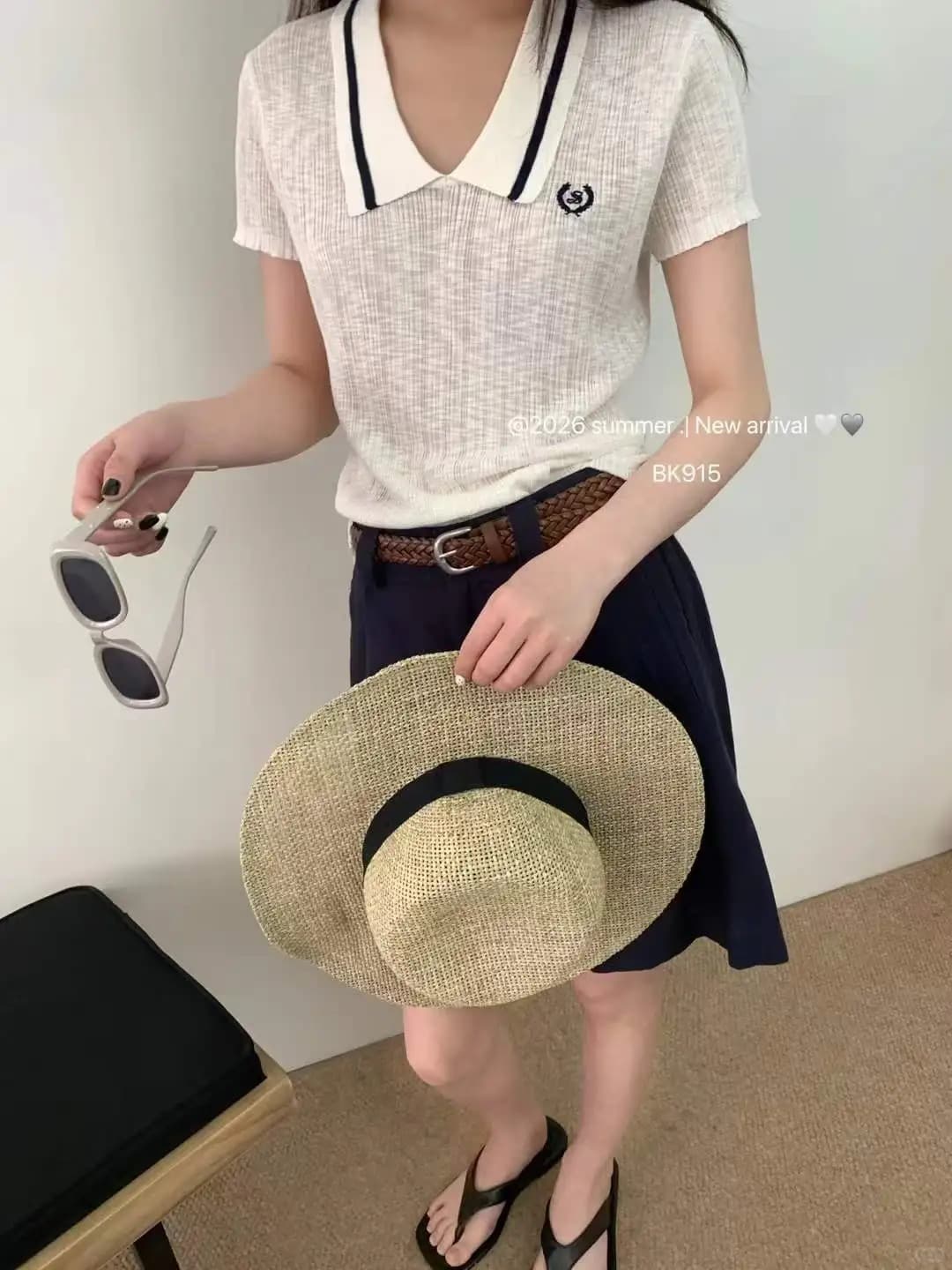 얼음 차가운 실크 워시 물 여름 학원 스타일 자수 반팔 polo 뒤집다 니트 스웨터 여성 레저 핫걸 맨위 이미지 3