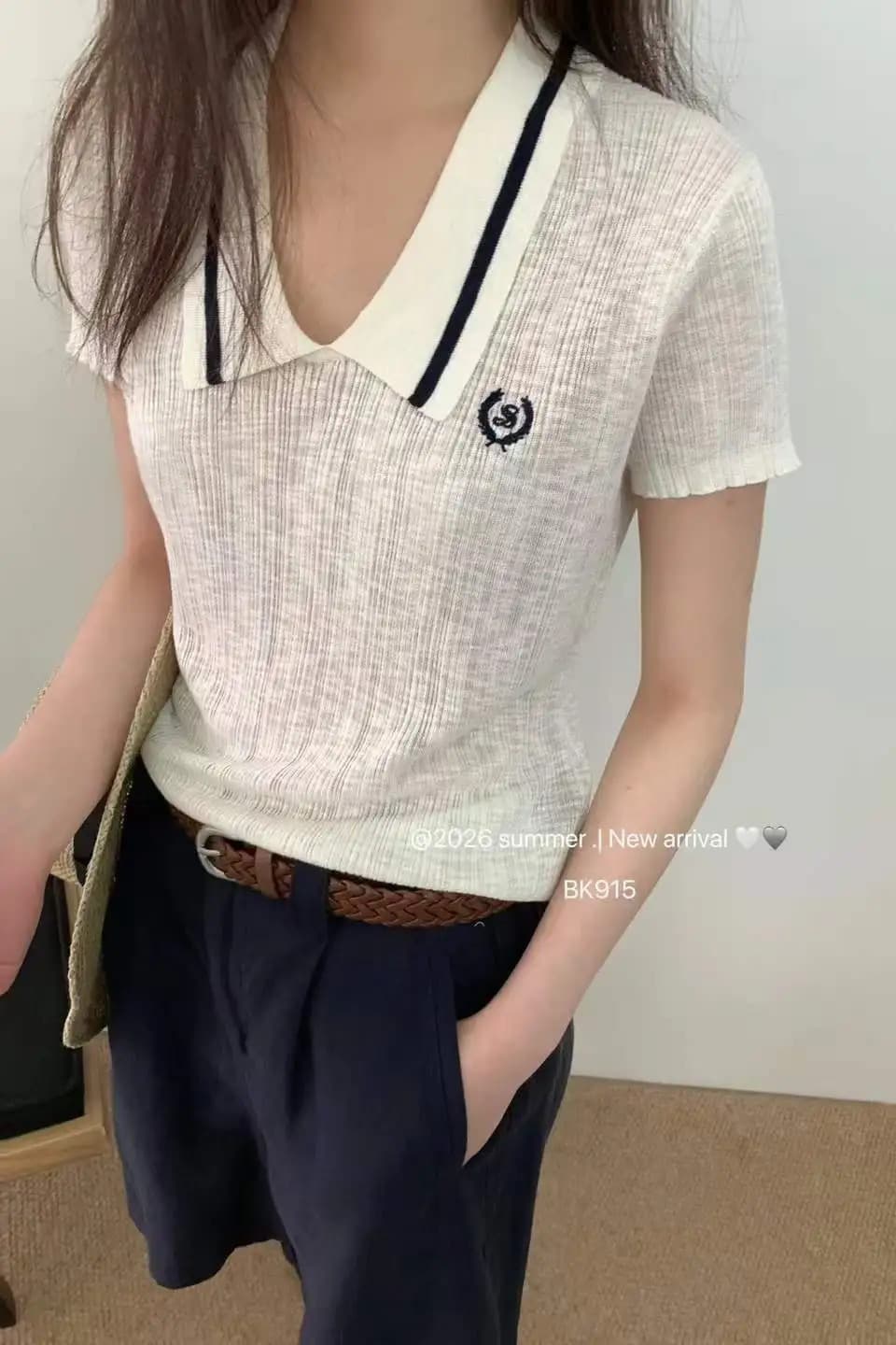 얼음 차가운 실크 워시 물 여름 학원 스타일 자수 반팔 polo 뒤집다 니트 스웨터 여성 레저 핫걸 맨위 이미지 7