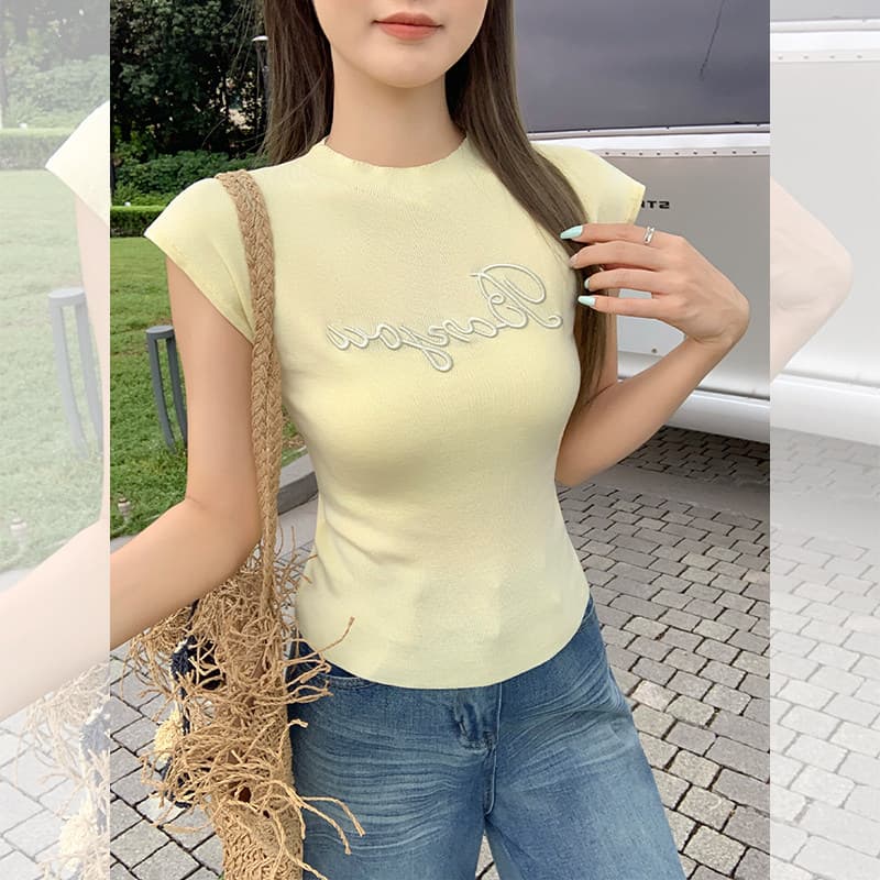 황색 라운드 넥 반팔 니트 스웨터 여성 여름 새로운 아메리칸 핫걸 알파벳 자수 몸매 가꾸기 슬림해 보이는 쇼트 스타일 맨위 상세 이미지 5