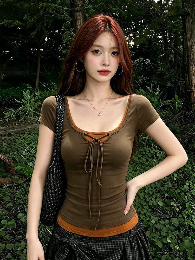 한 부서 페이크 레이어드 광장 칼라 긍정적 인 어깨 반팔 티셔츠 여성 여름 새로운 착용 가져 가라. 핫걸 몸매 가꾸기 슬림해 보이는 스트랩 맨위 이미지 3
