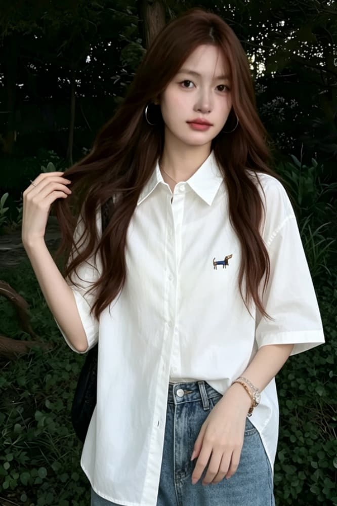 레트로 강아지 자수 화이트 반팔 여성 셔츠 여름 새로운 루즈핏 슬림해 보이는 폴로 칼라 다용도 캐주얼 셔츠 이미지 6