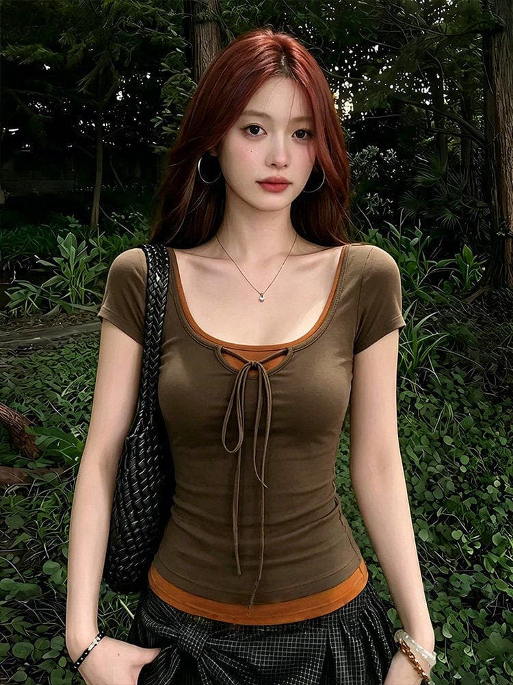 한 부서 페이크 레이어드 광장 칼라 긍정적 인 어깨 반팔 티셔츠 여성 여름 새로운 착용 가져 가라. 핫걸 몸매 가꾸기 슬림해 보이는 스트랩 맨위 상세 이미지 2