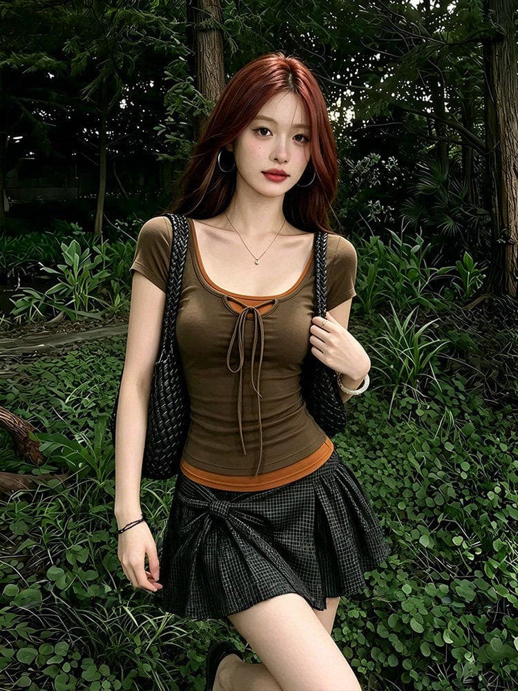 한 부서 페이크 레이어드 광장 칼라 긍정적 인 어깨 반팔 티셔츠 여성 여름 새로운 착용 가져 가라. 핫걸 몸매 가꾸기 슬림해 보이는 스트랩 맨위 상세 이미지 4