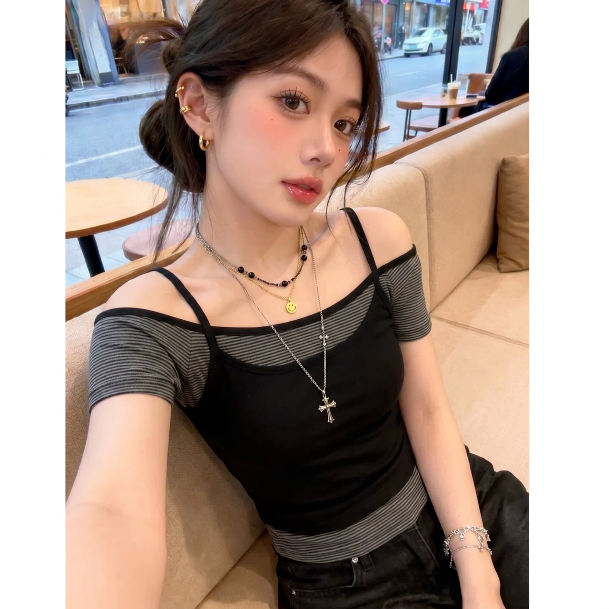 원본 스택 착용 부서 달콤한 차가운 행침 목 반팔 티셔츠 디자인 센스 핫걸 몸매 가꾸기 투피스 세트 다용도 맨위 상세 이미지 3
