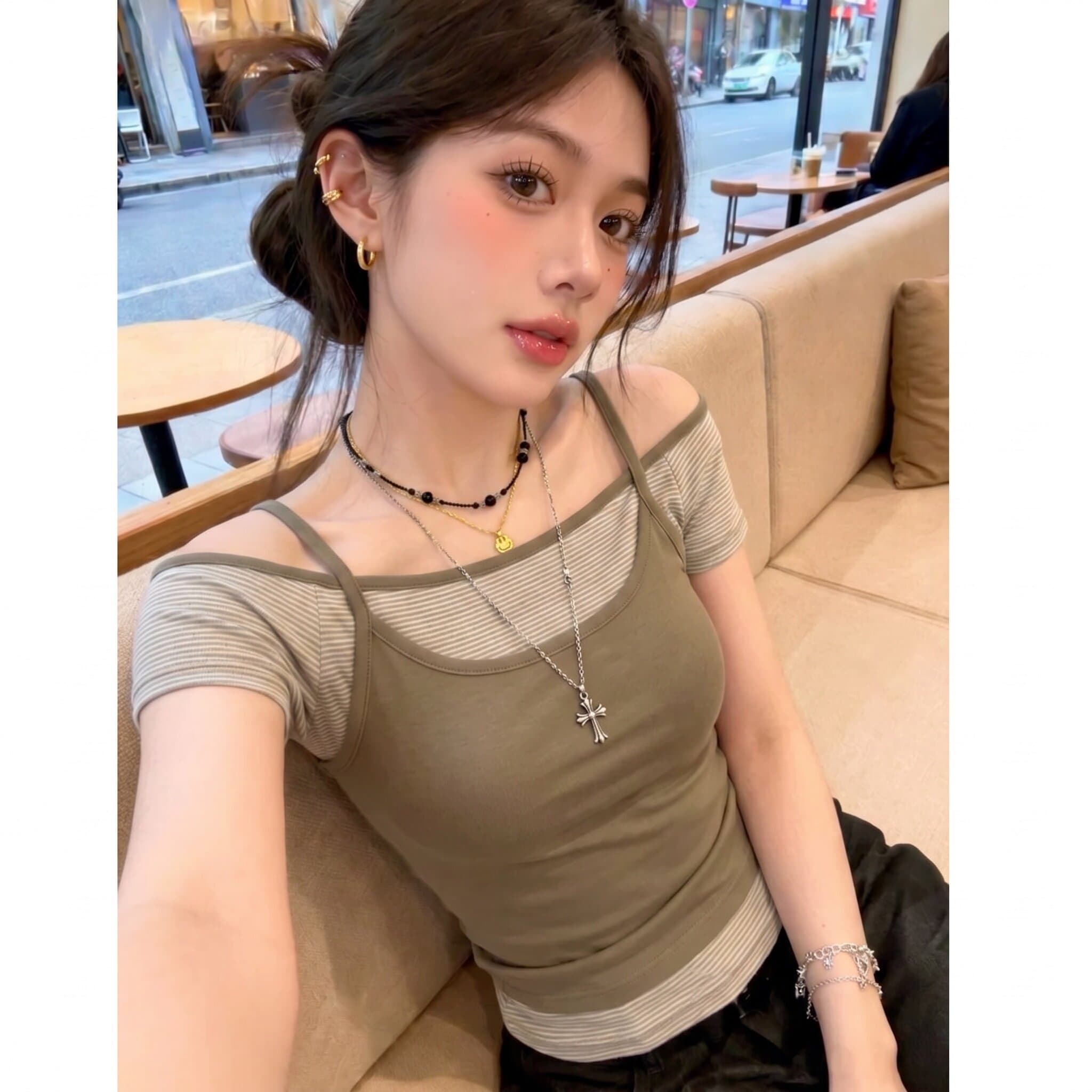 원본 스택 착용 부서 달콤한 차가운 행침 목 반팔 티셔츠 디자인 센스 핫걸 몸매 가꾸기 투피스 세트 다용도 맨위 상세 이미지 4