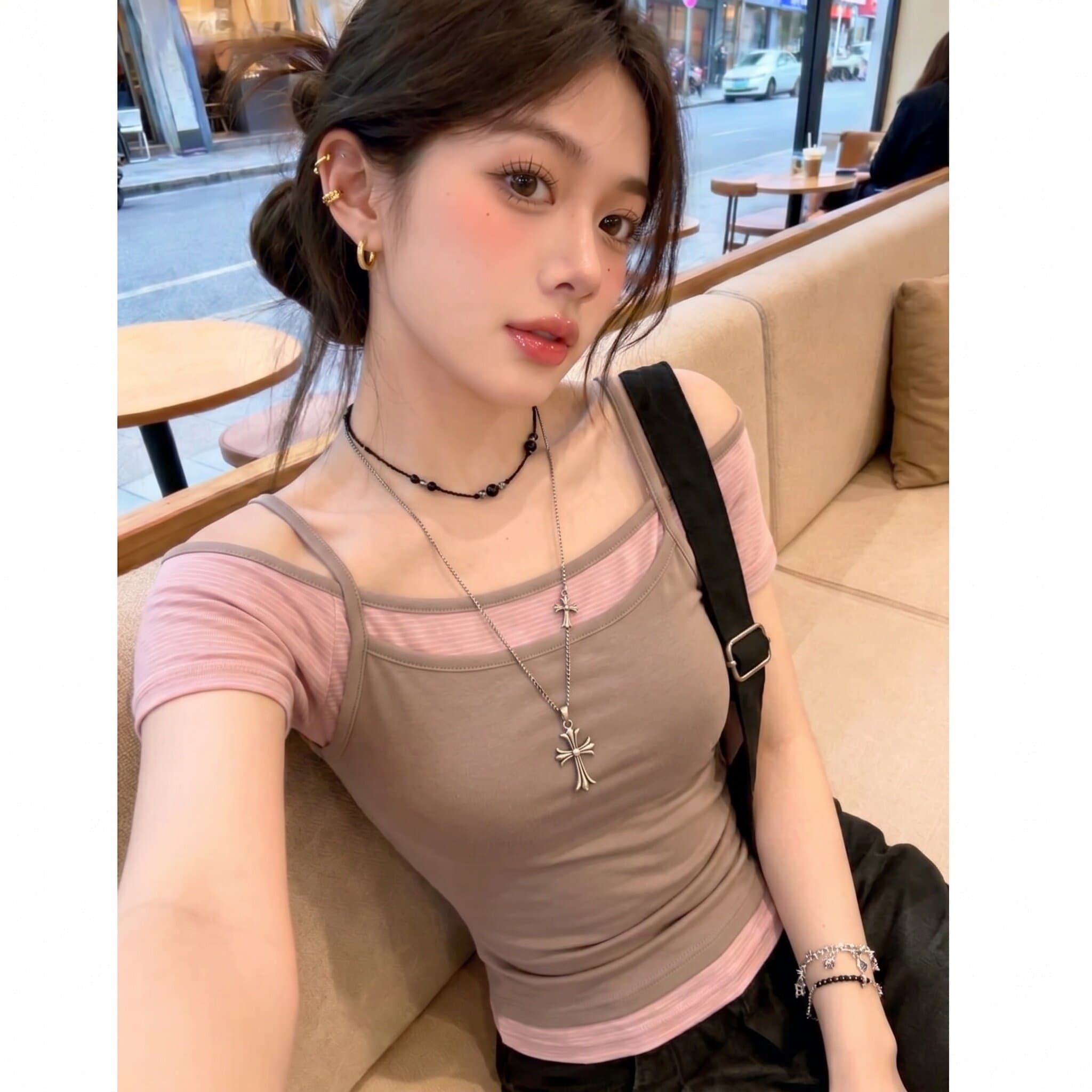 원본 스택 착용 부서 달콤한 차가운 행침 목 반팔 티셔츠 디자인 센스 핫걸 몸매 가꾸기 투피스 세트 다용도 맨위 상세 이미지 7