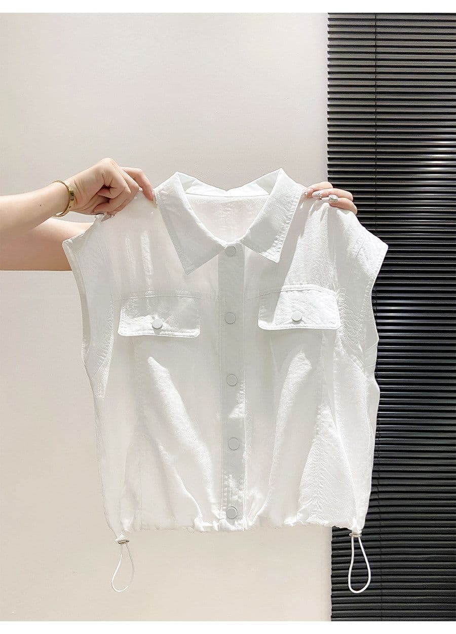 작은 대중 디자인 센스 민소매 여성 셔츠 여름 새로운 파란색 디스플레이 화이트 폴로 칼라 펌프 로프 허리 수축 슬림해 보이는 외부 잡아라. 의류 상세 이미지 1