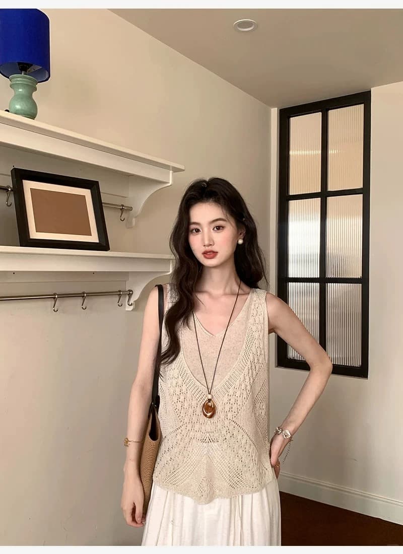 보존 추천 고급 센스 홀로우 아웃 페이크 레이어드 니트 조끼 여성 여름 새로운 부드러운 바람 V넥 민소매 맨위 이미지 3