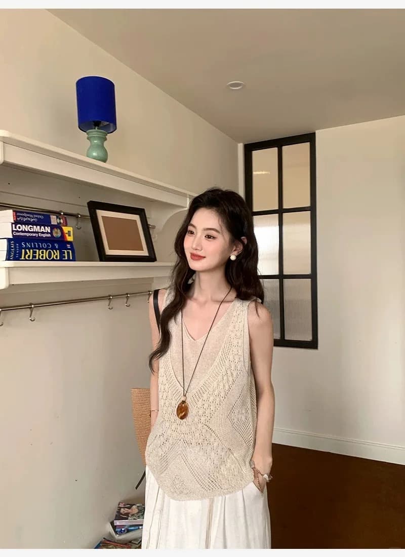보존 추천 고급 센스 홀로우 아웃 페이크 레이어드 니트 조끼 여성 여름 새로운 부드러운 바람 V넥 민소매 맨위 상세 이미지 14