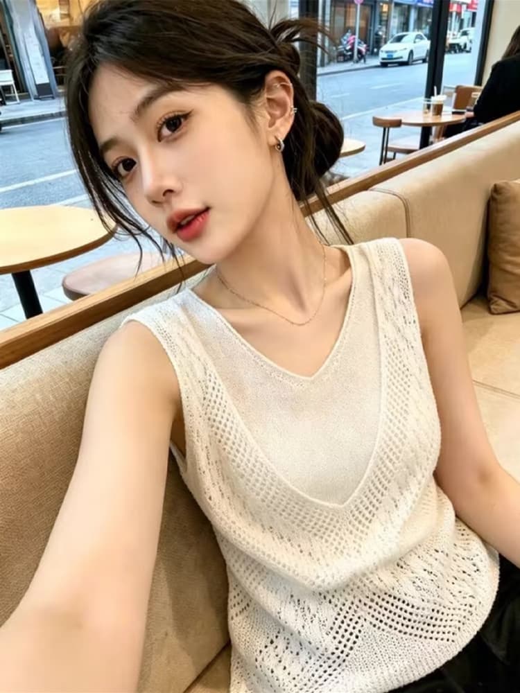 보존 추천 고급 센스 홀로우 아웃 페이크 레이어드 니트 조끼 여성 여름 새로운 부드러운 바람 V넥 민소매 맨위 상세 이미지 19