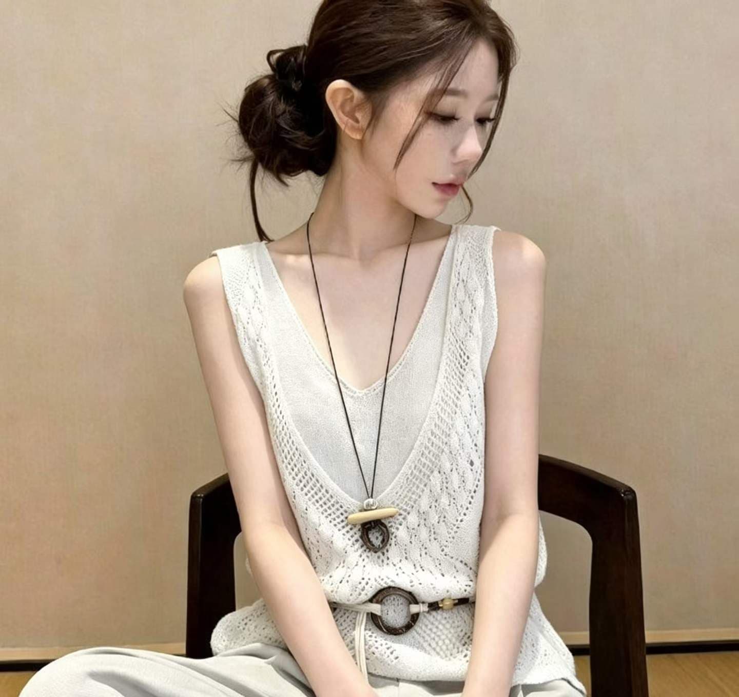 보존 추천 고급 센스 홀로우 아웃 페이크 레이어드 니트 조끼 여성 여름 새로운 부드러운 바람 V넥 민소매 맨위 상세 이미지 25