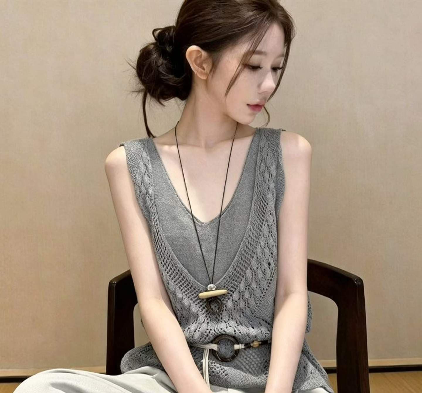 보존 추천 고급 센스 홀로우 아웃 페이크 레이어드 니트 조끼 여성 여름 새로운 부드러운 바람 V넥 민소매 맨위 상세 이미지 26