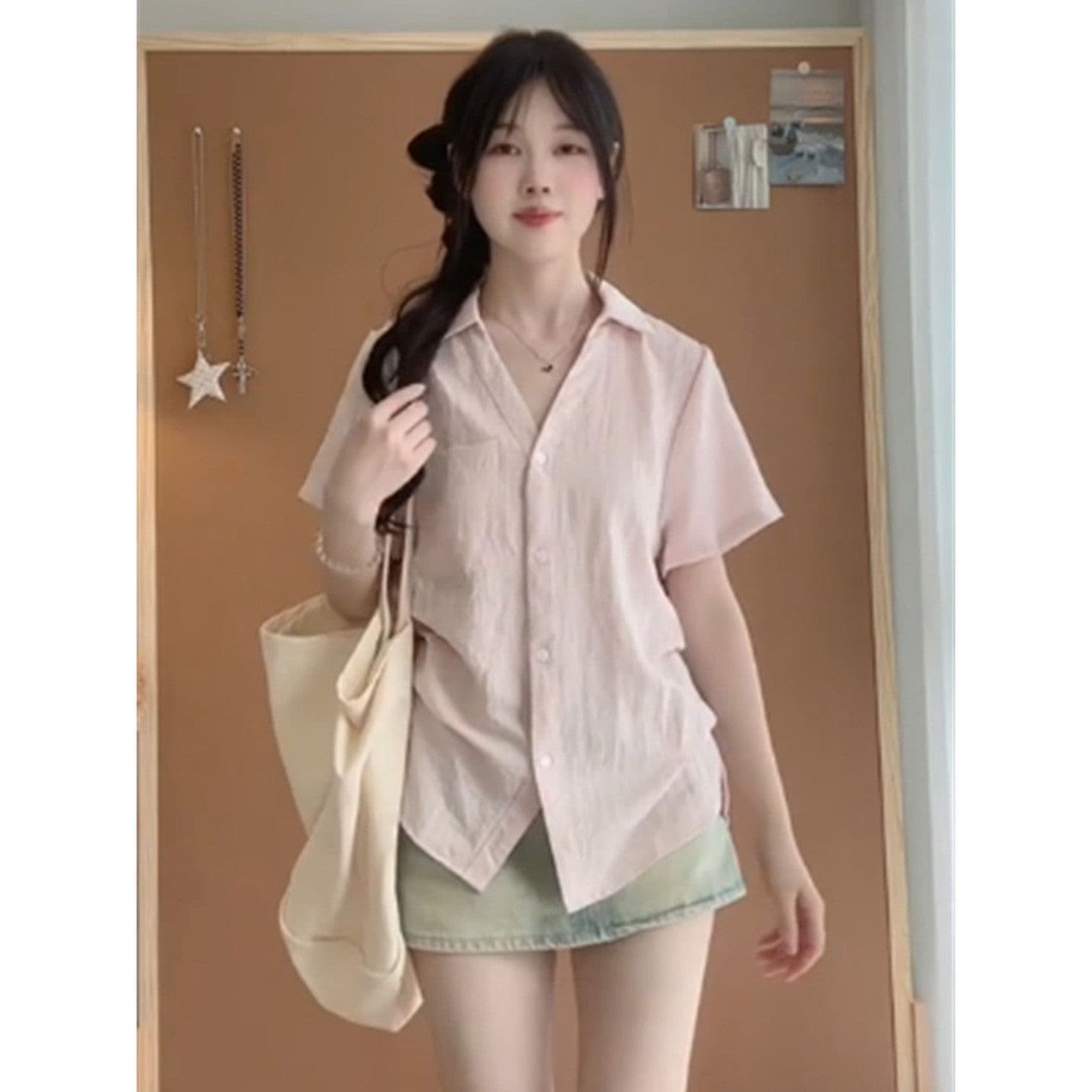 아메리칸 POLO 칼라 핑크색 반팔 여성 셔츠 여름 몸매 가꾸기 슬림해 보이는 디자인 센스 다용도 느긋한 캐주얼 맨위 트렌디 이미지 4