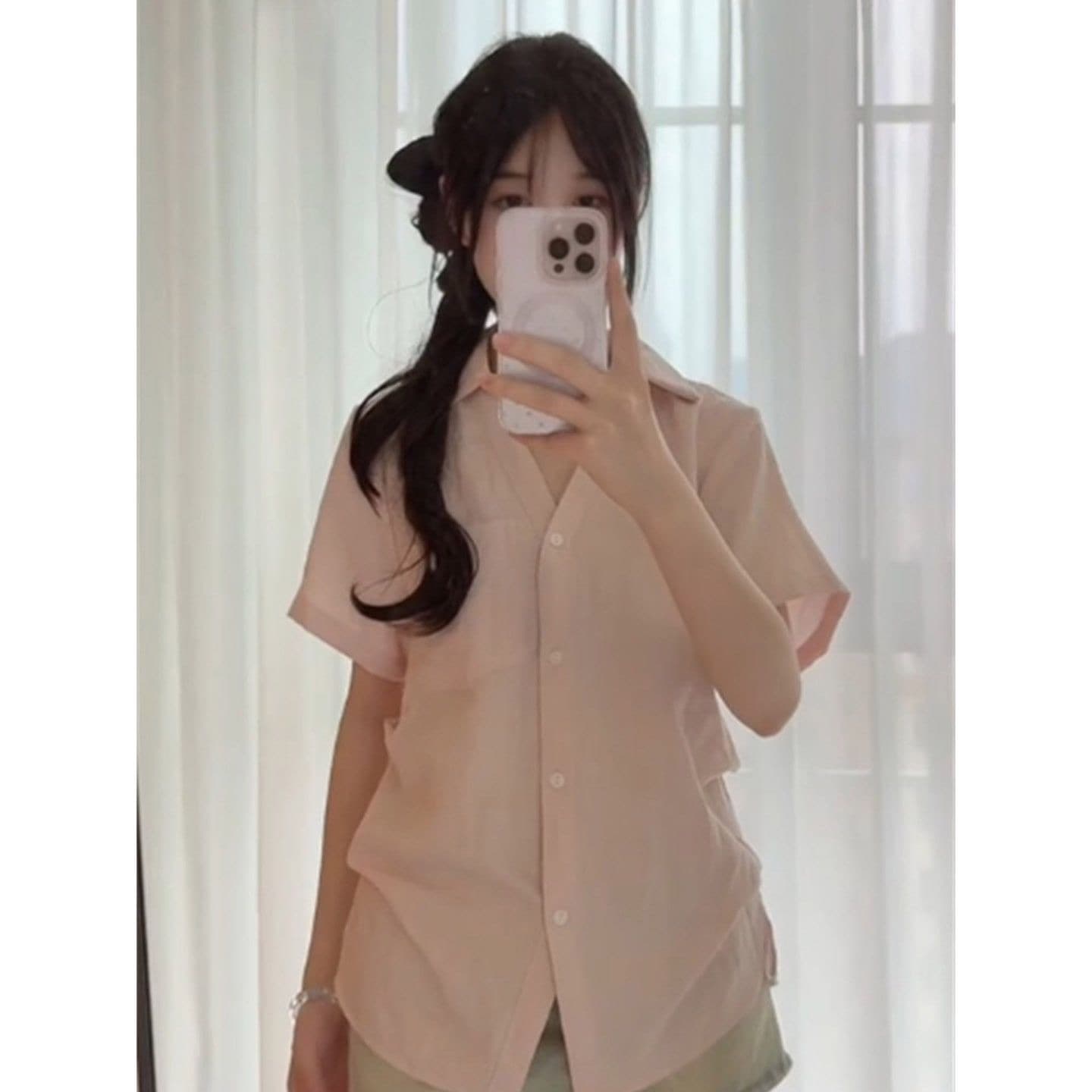 아메리칸 POLO 칼라 핑크색 반팔 여성 셔츠 여름 몸매 가꾸기 슬림해 보이는 디자인 센스 다용도 느긋한 캐주얼 맨위 트렌디 이미지 5