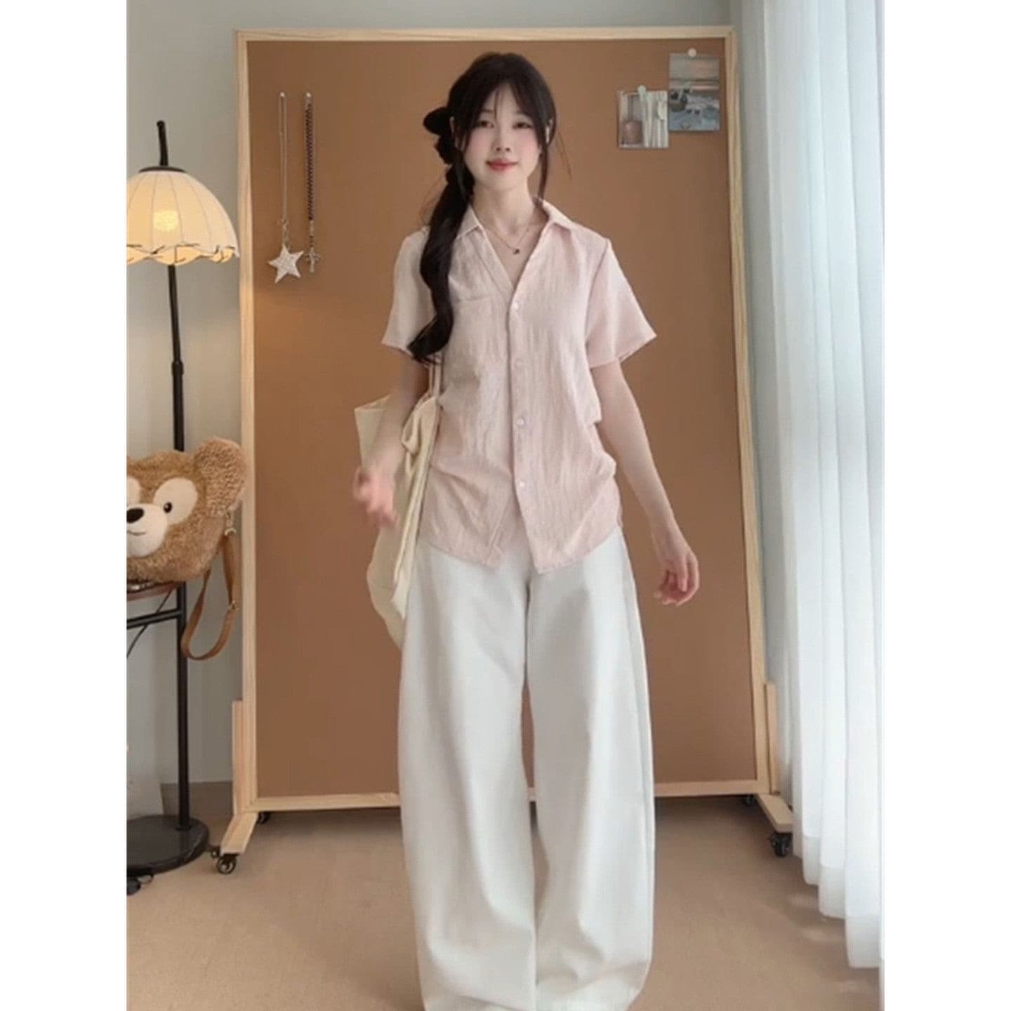 아메리칸 POLO 칼라 핑크색 반팔 여성 셔츠 여름 몸매 가꾸기 슬림해 보이는 디자인 센스 다용도 느긋한 캐주얼 맨위 트렌디 상세 이미지 2