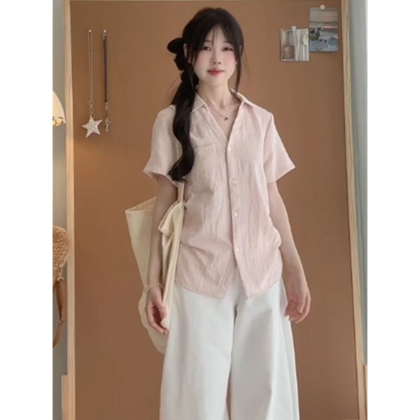 아메리칸 POLO 칼라 핑크색 반팔 여성 셔츠 여름 몸매 가꾸기 슬림해 보이는 디자인 센스 다용도 느긋한 캐주얼 맨위 트렌디 상세 이미지 5