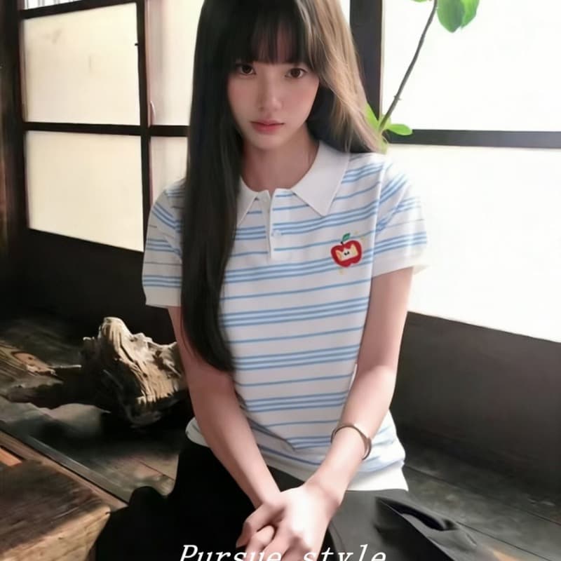 얼음 차가운 실크 워시 물 스트라이프 POLO 셔츠 여성 여름 긍정적 인 어깨 니트 반팔 한 부서 학원 스타일 맨위 트렌디 이미지 5