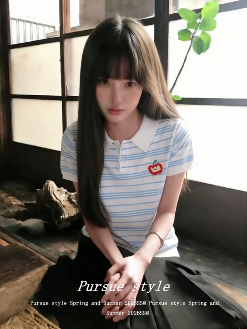 얼음 차가운 실크 워시 물 스트라이프 POLO 셔츠 여성 여름 긍정적 인 어깨 니트 반팔 한 부서 학원 스타일 맨위 트렌디 상세 이미지 3